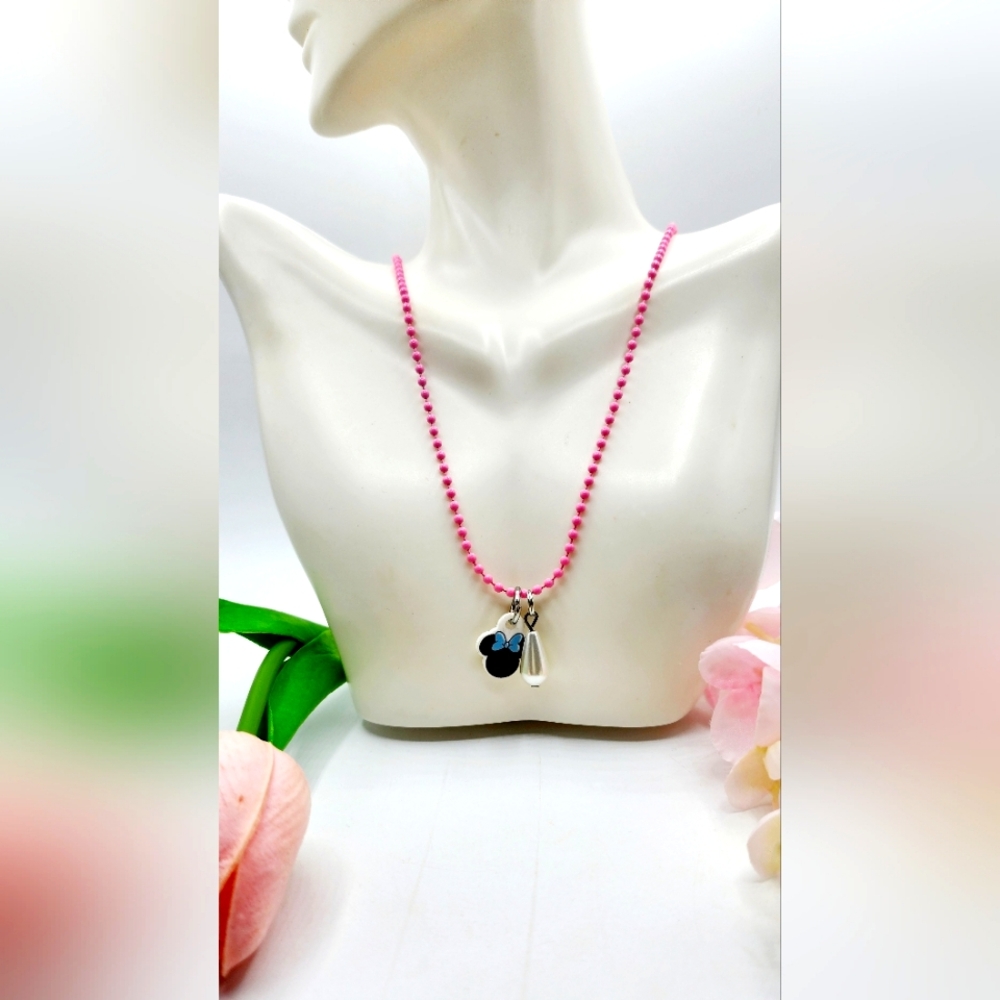 Pink Ballchain Necklace,18in,dangle Charms